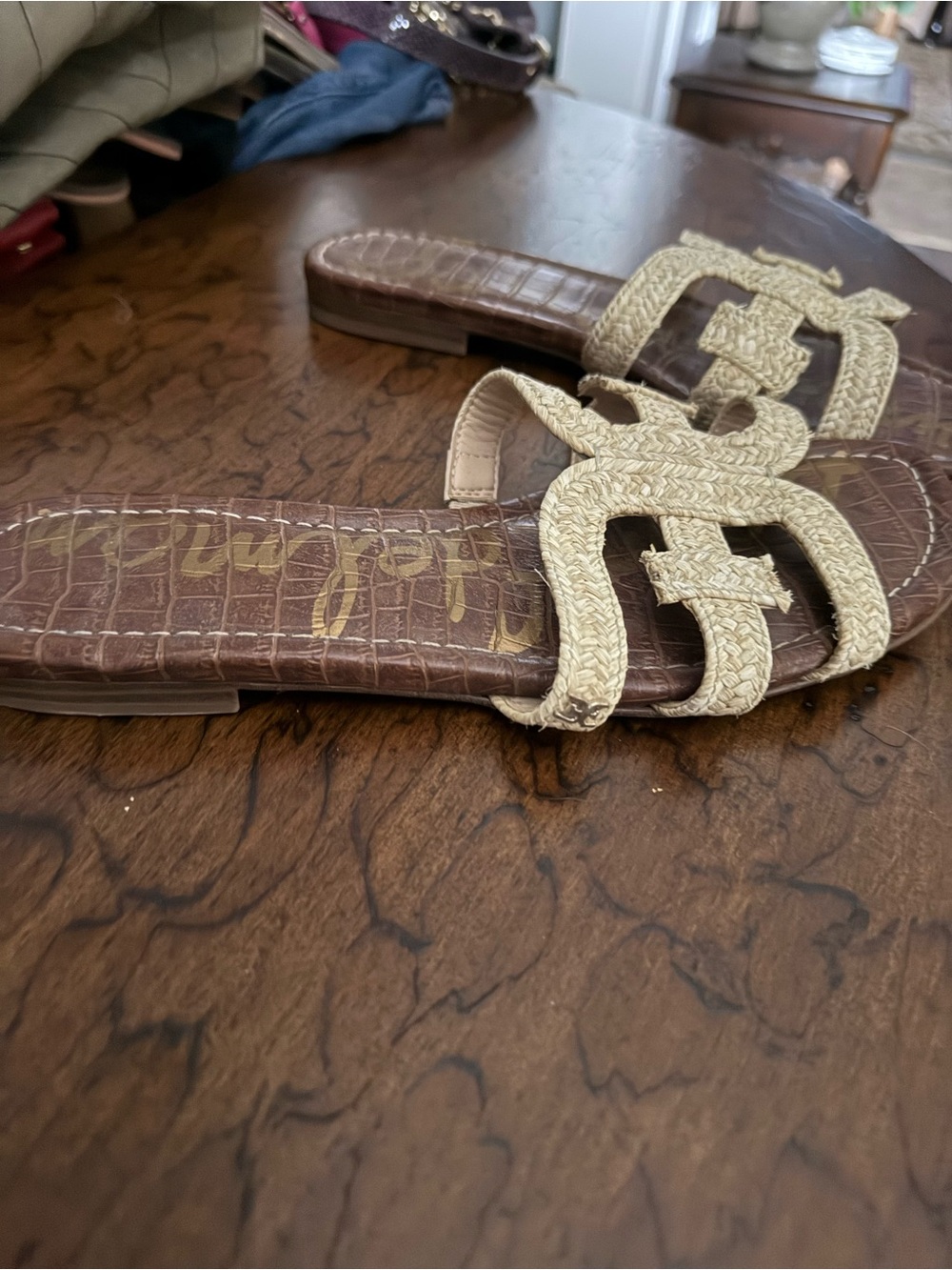 Sam Edelman Beige Woven Slide Sandals with Brown Footbed